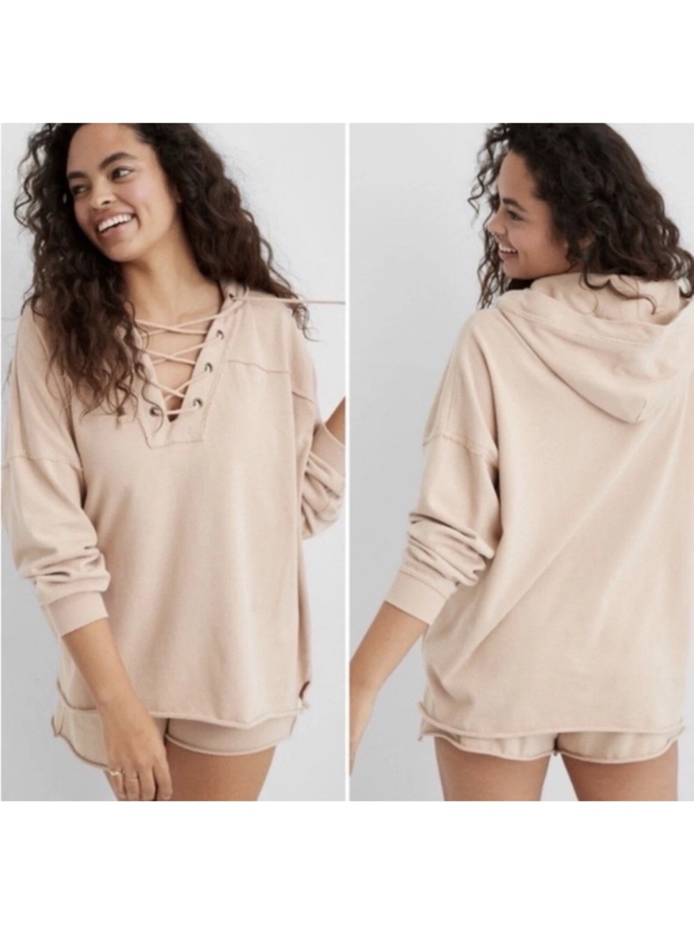 Aerie Women’s Sunday Soft Lace Front Oversized Hoodie‎ Tan In Size Medium